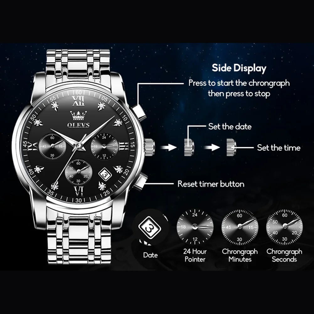 Silver Watches for Men Watch Men Black Face Luxury Watches for Men Stainless Steel Men Watch Dress Waterproof Watch for Men