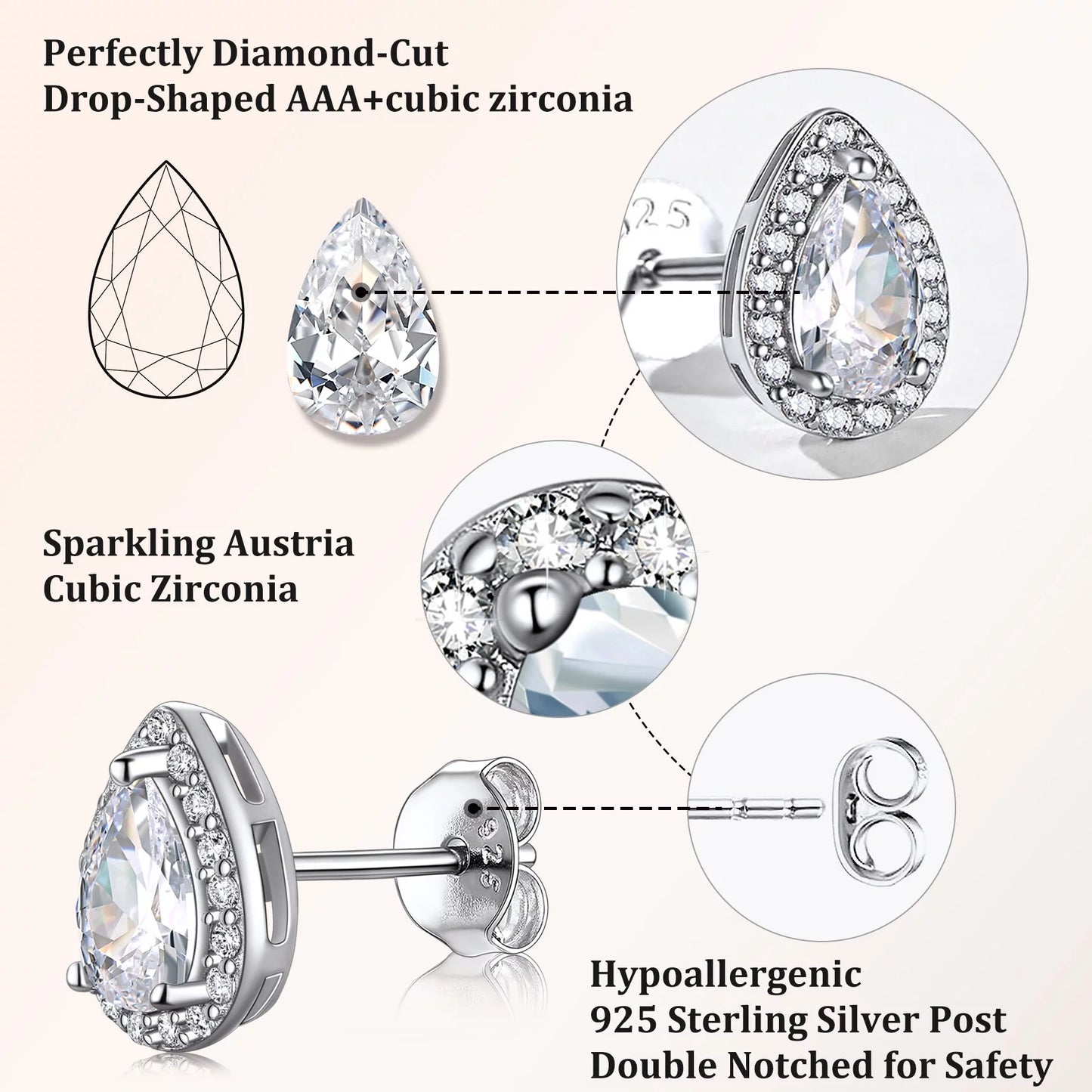 925 Sterling Silver Birthstone Stud Earrings for Women Girls, Sparking April Teardrop Cut Diamond Earrings for Sensitive Ears