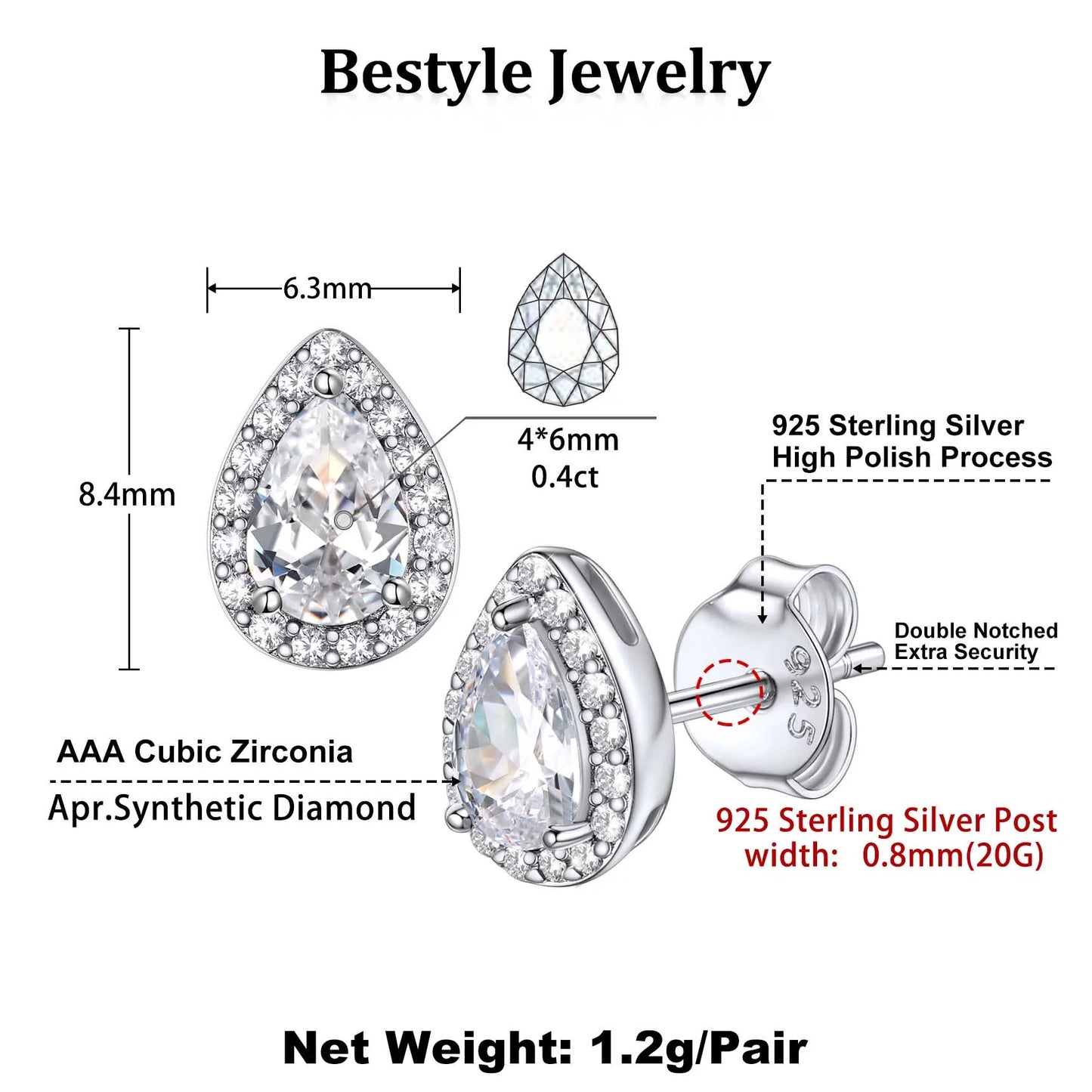 925 Sterling Silver Birthstone Stud Earrings for Women Girls, Sparking April Teardrop Cut Diamond Earrings for Sensitive Ears