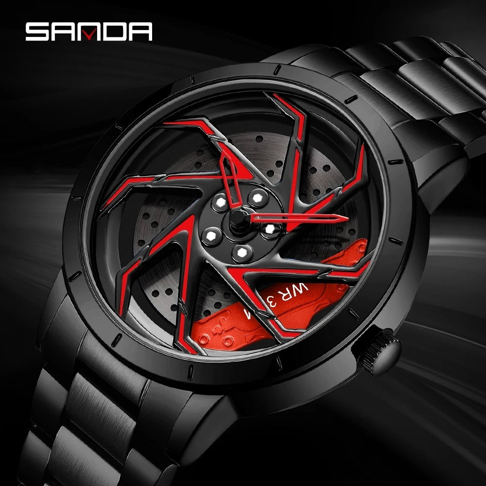 P1088 Hot Sell Stainless Steel Band Watch Premium Quartz Movement Car Rim Wheel Shaped Rotating Dial Relogio Masculino