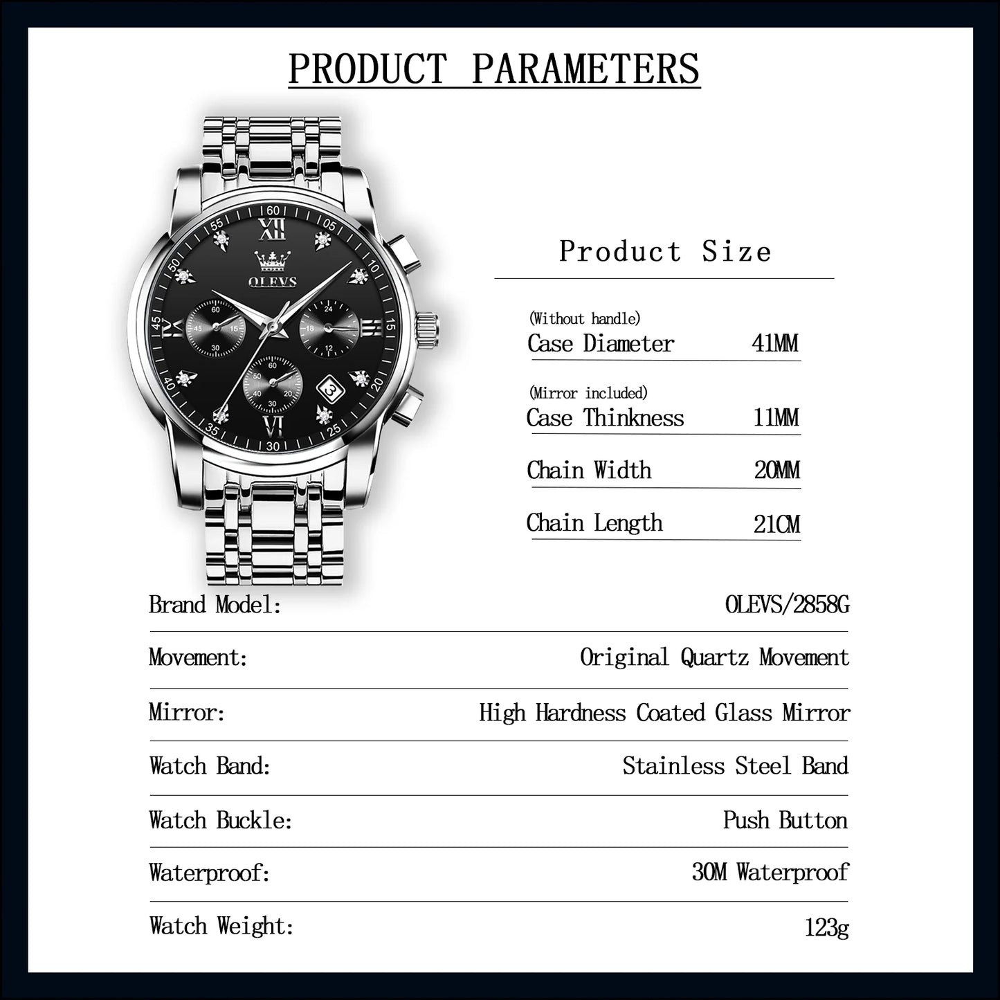 Silver Watches for Men Watch Men Black Face Luxury Watches for Men Stainless Steel Men Watch Dress Waterproof Watch for Men