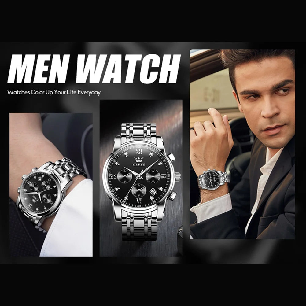 Silver Watches for Men Watch Men Black Face Luxury Watches for Men Stainless Steel Men Watch Dress Waterproof Watch for Men