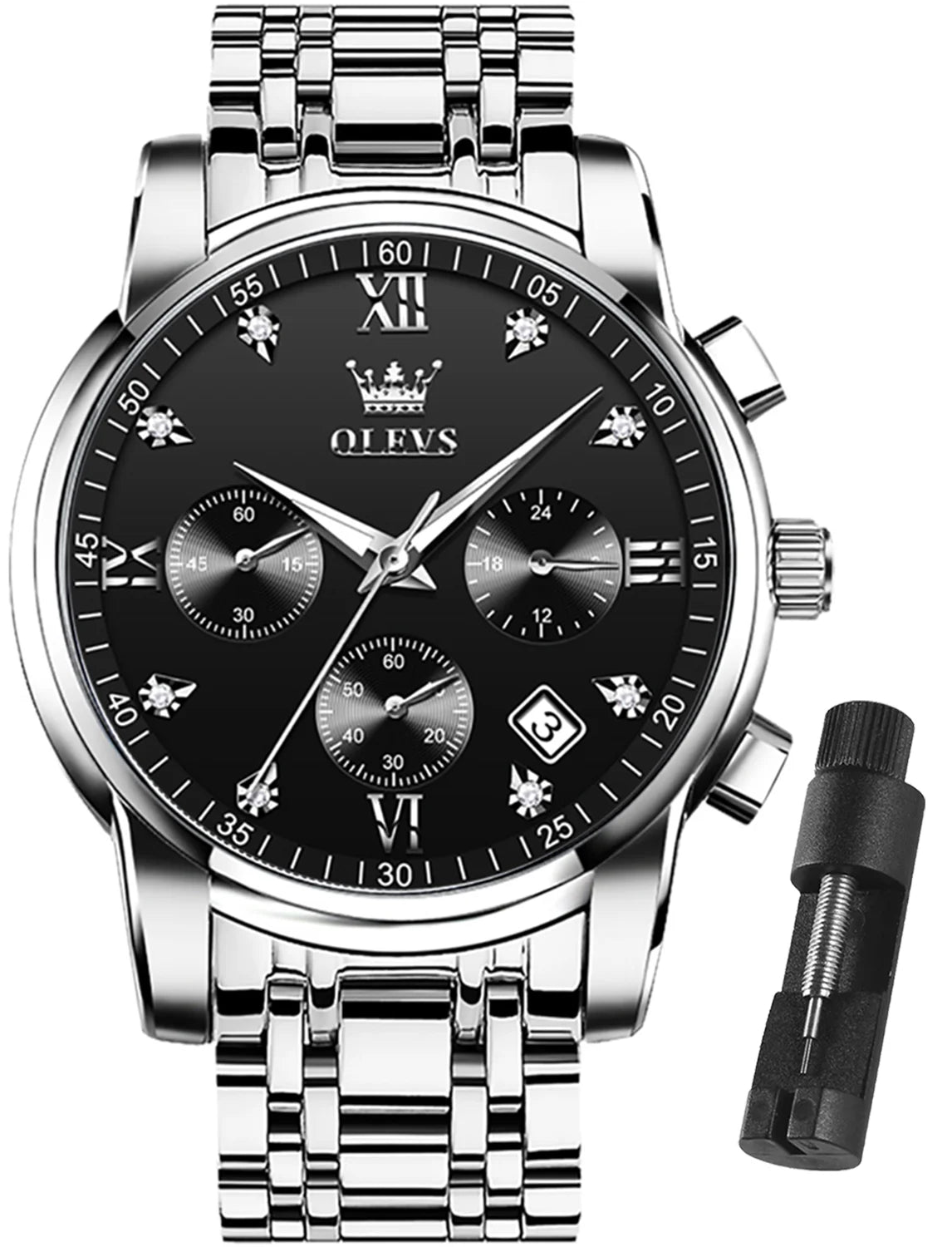 Silver Watches for Men Watch Men Black Face Luxury Watches for Men Stainless Steel Men Watch Dress Waterproof Watch for Men