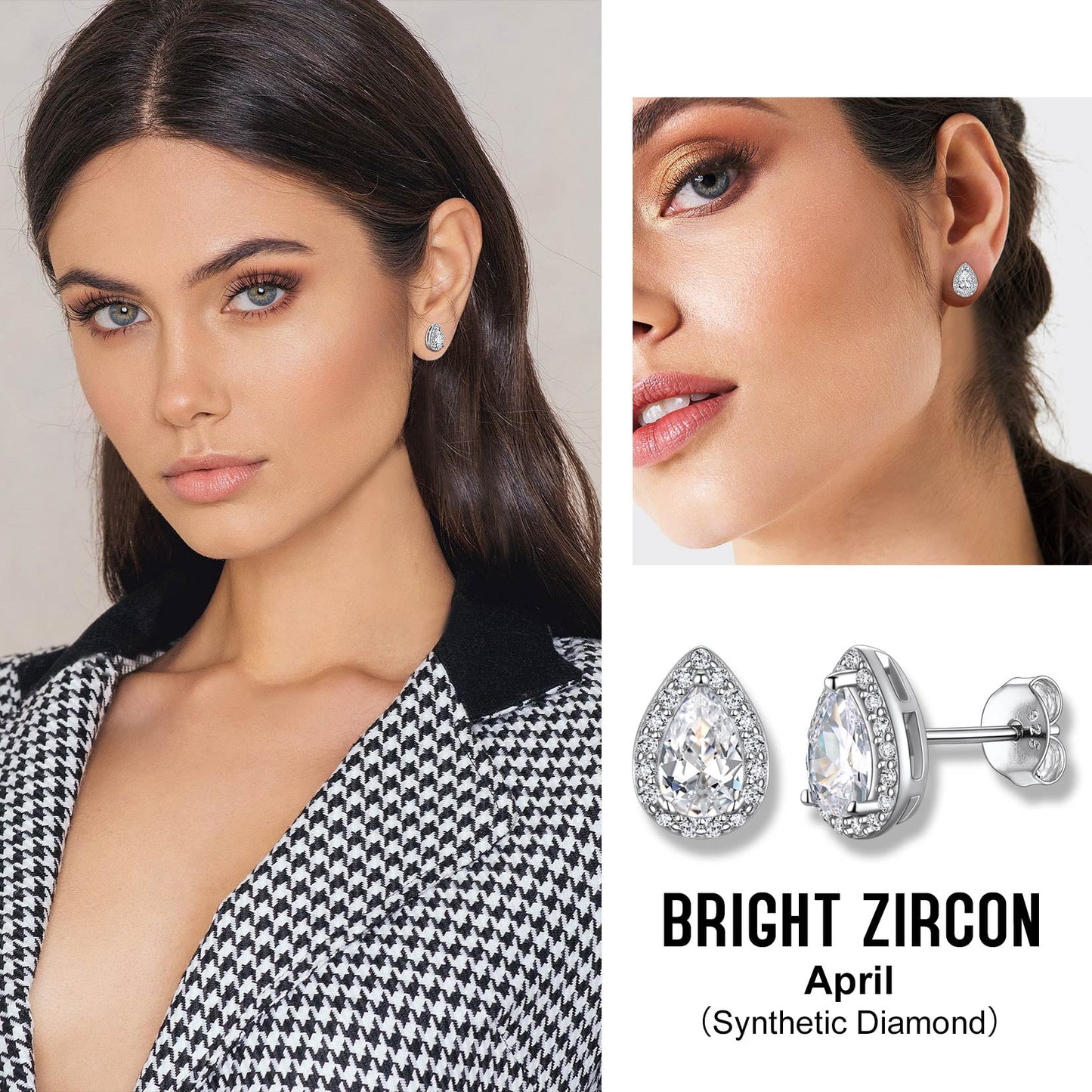 925 Sterling Silver Birthstone Stud Earrings for Women Girls, Sparking April Teardrop Cut Diamond Earrings for Sensitive Ears