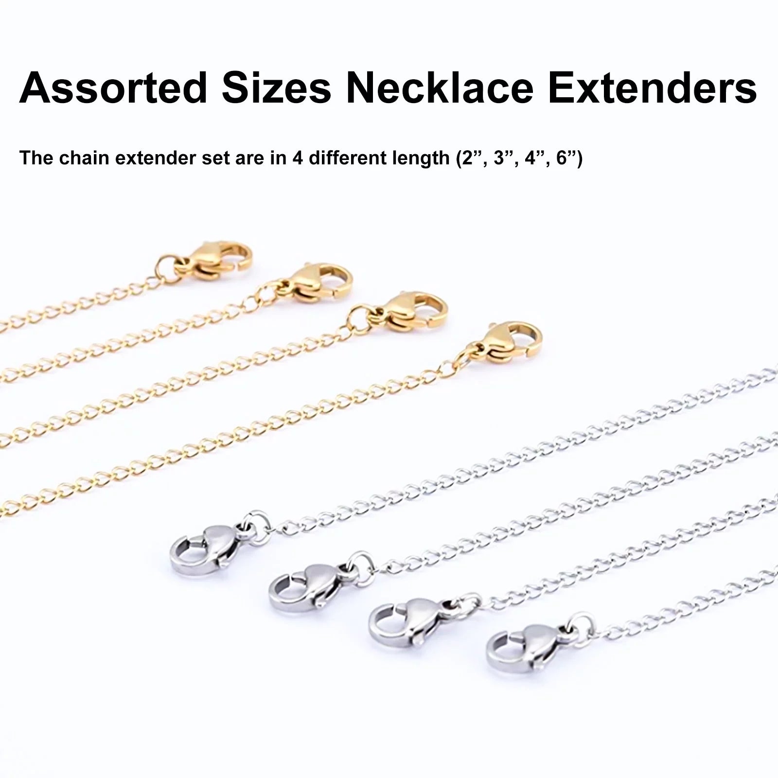 12Pcs Necklace Extender,  Stainless Steel Bracelet Extender Chain Set with Lobster Clasps Closures, Extensions 2", 3", 4", 6", Gold and Silver