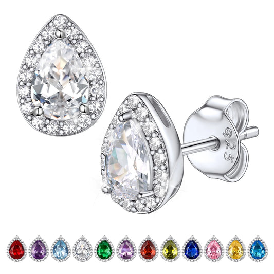 925 Sterling Silver Birthstone Stud Earrings for Women Girls, Sparking April Teardrop Cut Diamond Earrings for Sensitive Ears