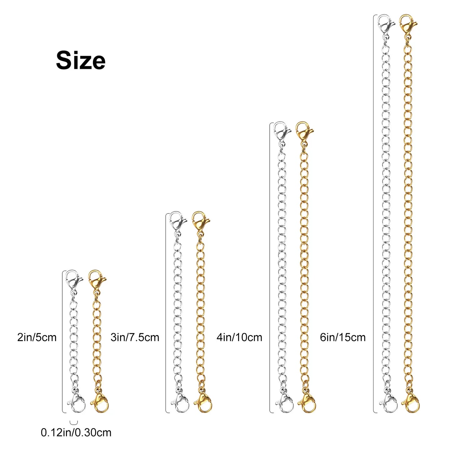 12Pcs Necklace Extender,  Stainless Steel Bracelet Extender Chain Set with Lobster Clasps Closures, Extensions 2", 3", 4", 6", Gold and Silver