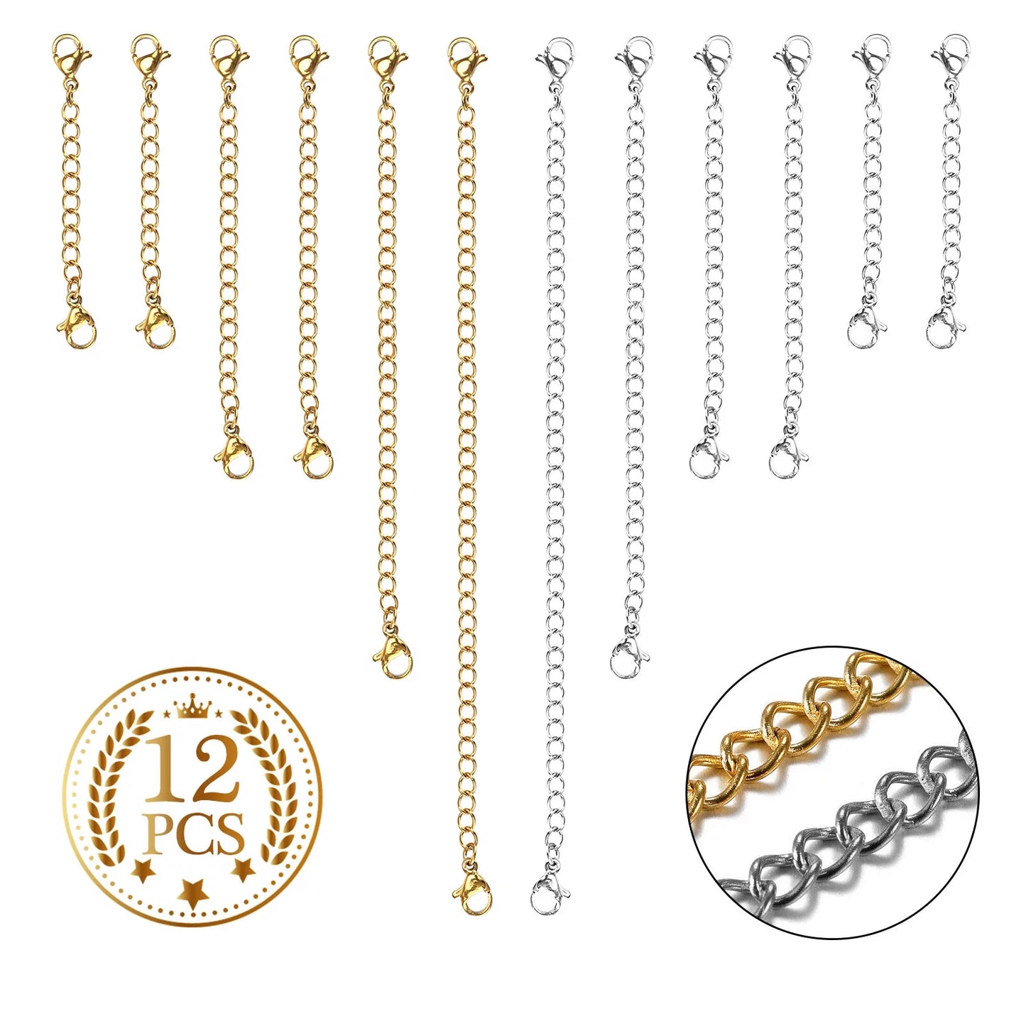 12Pcs Necklace Extender,  Stainless Steel Bracelet Extender Chain Set with Lobster Clasps Closures, Extensions 2", 3", 4", 6", Gold and Silver
