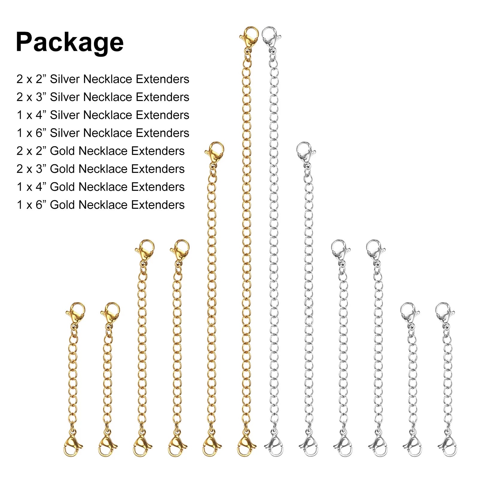 12Pcs Necklace Extender,  Stainless Steel Bracelet Extender Chain Set with Lobster Clasps Closures, Extensions 2", 3", 4", 6", Gold and Silver